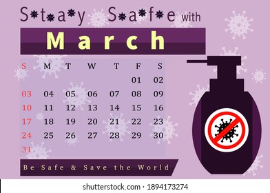 Stay Safe with March  Calendar Based vector Illustration. Creative eps illustration for design Works.