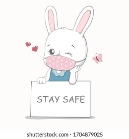 Stay safe message with cute rabbit wearing face mask cartoon hand drawn, The concept of the hope that the pandemic of corona virus will be finish soon