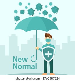 stay safe new normal vector illustration. The world is changing to balance it into new normal include business, economy, environment and health. a man holding umbrella to protect and stay safe