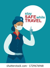 Stay safe while travel. Stewardess character wearing protective medical mask. Concept Flat vector illustration for coronavirus COVID-19 pandemic. 