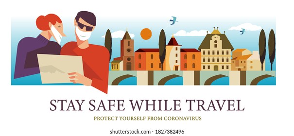 Stay safe while traveling. Vector poster encouraging people to wear masks.