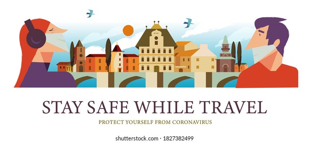 Mantente a salvo mientras viajas. Afiche vectorial animando a la gente a usar máscaras.