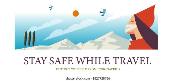 Stay safe while traveling. Vector poster encouraging people to wear masks.