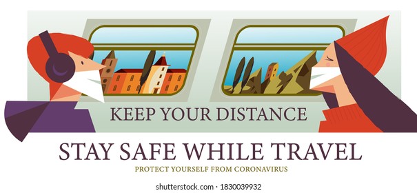 Stay safe while traveling. Vector poster encouraging people to wear masks.