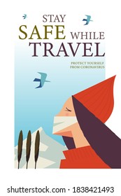Stay safe while traveling. Vector poster encouraging people to wear masks.