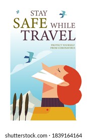 Stay safe while traveling. Vector poster encouraging people to wear masks.