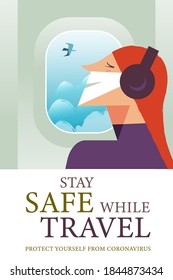 Stay safe while traveling. Vector poster encouraging people to wear masks.
