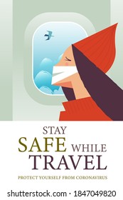 Stay safe while traveling. Vector poster encouraging people to wear masks.