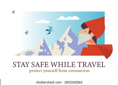 Mantente a salvo mientras viajas. Afiche vectorial animando a la gente a usar máscaras.