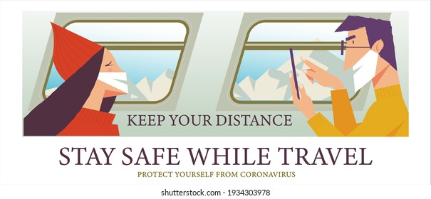 Stay safe while traveling. Vector poster encouraging people to wear masks.