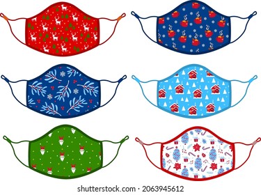 stay safe winter  merry christmas xmas winter protective face mask with festive holiday patterns, isolated vector illustration set