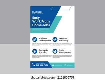 Stay Safe Work From Home Flyer Poster Design. Work From Home Jobs Opportunity Poster Leaflet Design. Easy Work From Home Jobs Flyer Design.