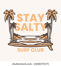 Fique Salty Surf Club Ilustração Praia Vintage - Design Vetorial Surf Tropical