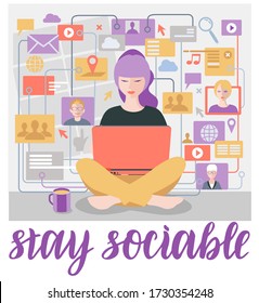 Stay sociable. Stay home concept for Quarantine activities letterings and design elements. Things to do at home. Things to do at home, stay home, social distancing, Vector illustration.