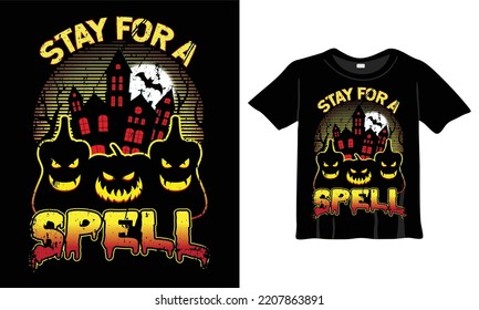Stay for a spell T-Shirt Design Template. Halloween T-Shirt with Night, Moon, Witch. Night background T-Shirt for print.