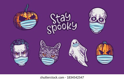 Stay spooky halloween masks illustration