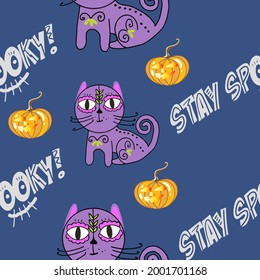 Stay spooky seamless pattern, halloween, mexican cat, painted cat, multicolored cat, pumpkin, trick or treat