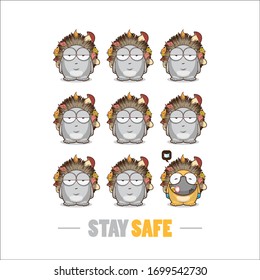 STAY STAFE. Vector illustration with funny hedgehog characters with protective mask and gloves. 
