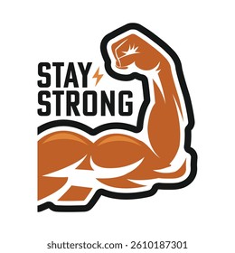 Stay Strong Flexing Arm Illustration – Motivational Burnt Orange Muscle Graphic with Lightning Bolt