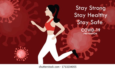 Stay Strong Stay Healthy Stay Safe From  COVID=19, Woman Running On COVID-19 Background Vector Illustration