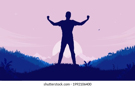 Mantente fuerte - Imagen motivacional del hombre enfrentando un nuevo día con actitud positiva. Concepto de logro personal. Ilustración vectorial.