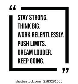stay strong, think big, work relentlessly, push limits, dream louder, keep going, inspirational design quote, motivational quotes, typography illustration lettering quotes