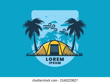 Stay in tent under coconut trees flat illustration design