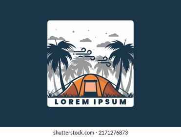 Stay in tent under coconut trees flat illustration design