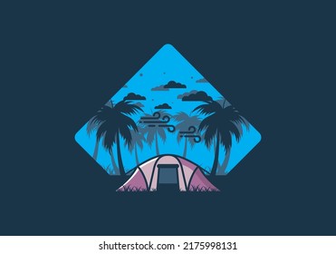Mantente en carpa bajo árboles de coco diseño de ilustración plana