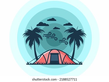 Stay in tent under coconut trees flat illustration design