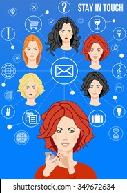 Stay in touch design concept - beautiful women connects with her friends via email and social network sharing news, ideas, receipts, places, questions and answers. Concept of friendship via network