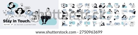 Stay in touch. Set of people vector illustrations in various activities of communication, social media, networking, support, community, chatting, app and services, rating and review, conversation.