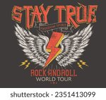 Stay true. Freedom sprite. Music world tour. Rock and roll vector graphic print design for apparel, stickers, posters, background and others. Wild and free. Eagle wing with fire music poster.