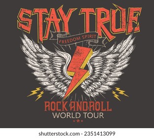 Stay true. Freedom sprite. Music world tour. Rock and roll vector graphic print design for apparel, stickers, posters, background and others. Wild and free. Eagle wing with fire music poster.