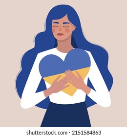 Stay with Ukraine. The girl hugs a heart with the colors of the flag of Ukraine.  Support for Ukraine. No war. Ukraine in the heart. Vector illustration