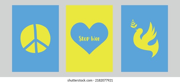 Stay with Ukraine. Set of vector illustration poster with blue and yellow color. Background design with dove