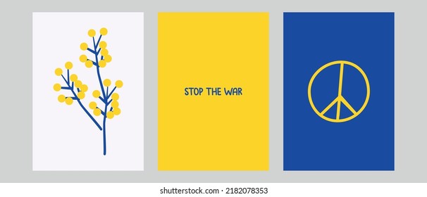 Stay with Ukraine. Set of vector illustration poster with blue and yellow color. Background design with hand drawn flowers