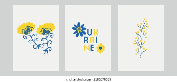 Stay with Ukraine. Set of vector illustration poster with blue and yellow color. Background design with hand drawn flowers