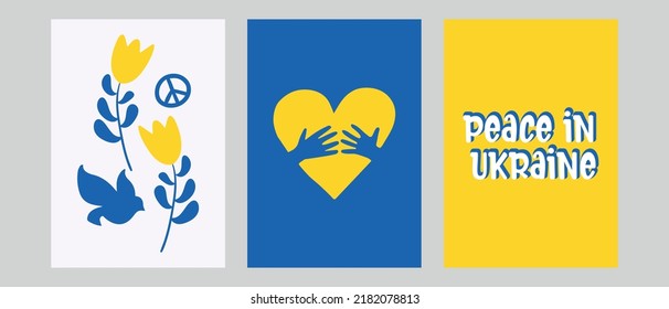 Stay with Ukraine. Set of vector illustration poster with blue and yellow color. Background design with bird, and flower