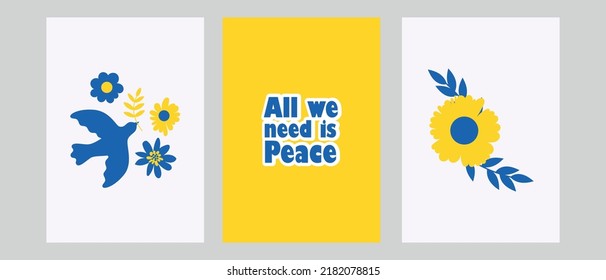 Stay with Ukraine. Set of vector illustration poster with blue and yellow color. Background design with bird, and flower