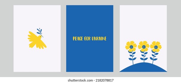 Stay with Ukraine. Set of vector illustration poster with blue and yellow color. Background design with bird, and flower