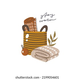 Stay warm. Christmas card with basket and gifts. Hand drawn illustration in cartoon style. Cute concept for xmas. Illustration for the design postcard, textiles, apparel, decor