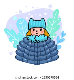 Mantente caliente este concepto de invierno. Mujer con ropa de invierno. Ilustración estacional para su diseño.