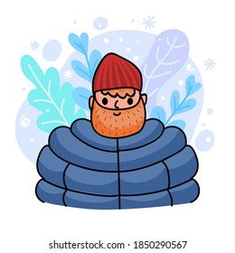 Stay warm this winter concept. Man in winter clothes. Seasonal illustration for your design.