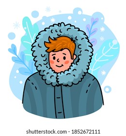 Mantente caliente este concepto de invierno. Hombre con ropa de invierno. Ilustración estacional para su diseño.