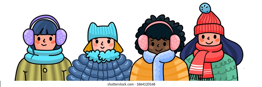 Stay warm this winter concept. Group of Women in winter clothes. Seasonal illustration for your design.