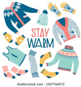 Stay warm. Vector set of cute winter clothes: sweaters, socks, hats, scarf. Hand draw collection of sweaters with colorful doodle ornaments. New Year and winter holiday symbols. Cozy lifestyle set