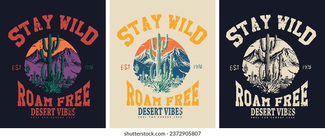 wild bleiben, Arizona-Kaktus, Wüstenvibes T-Shirt-Design in Vektorgrafik in Drei-Farben-Kombination, Wüste in Austin Texas, Texas Wüste-State-Grafik-Grafiken für Bekleidung, T-Shirt, Aufkleber, Poster,