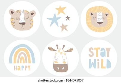 Stay Wild. Cute Hand Drawn Safari Party Vector Cake Toppers. Funny Lion, Tiger and Giraffe Isolated on a White Background. Simple Round Shape Stickers ideal for Candybar Decoration, Cake Toppers.