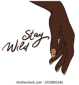 Stay Wild. Leopard nail polish, manicure. Wild manicure. Stylish nail design. spotted manicure. Line art, Manicure symbol. Vector eps10, Template for beauty salon, 